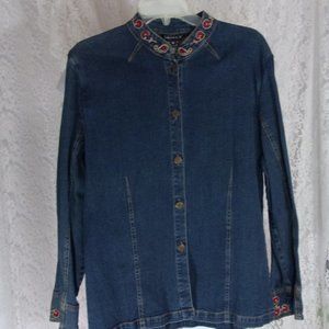 Laura G Denim Pant Suit with Embroidery. Denim Blue Size 12
